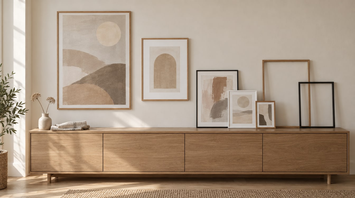 Frames in several sizes, some empty and some holding abstract prints, lean on a wooden sideboard and hang above it.