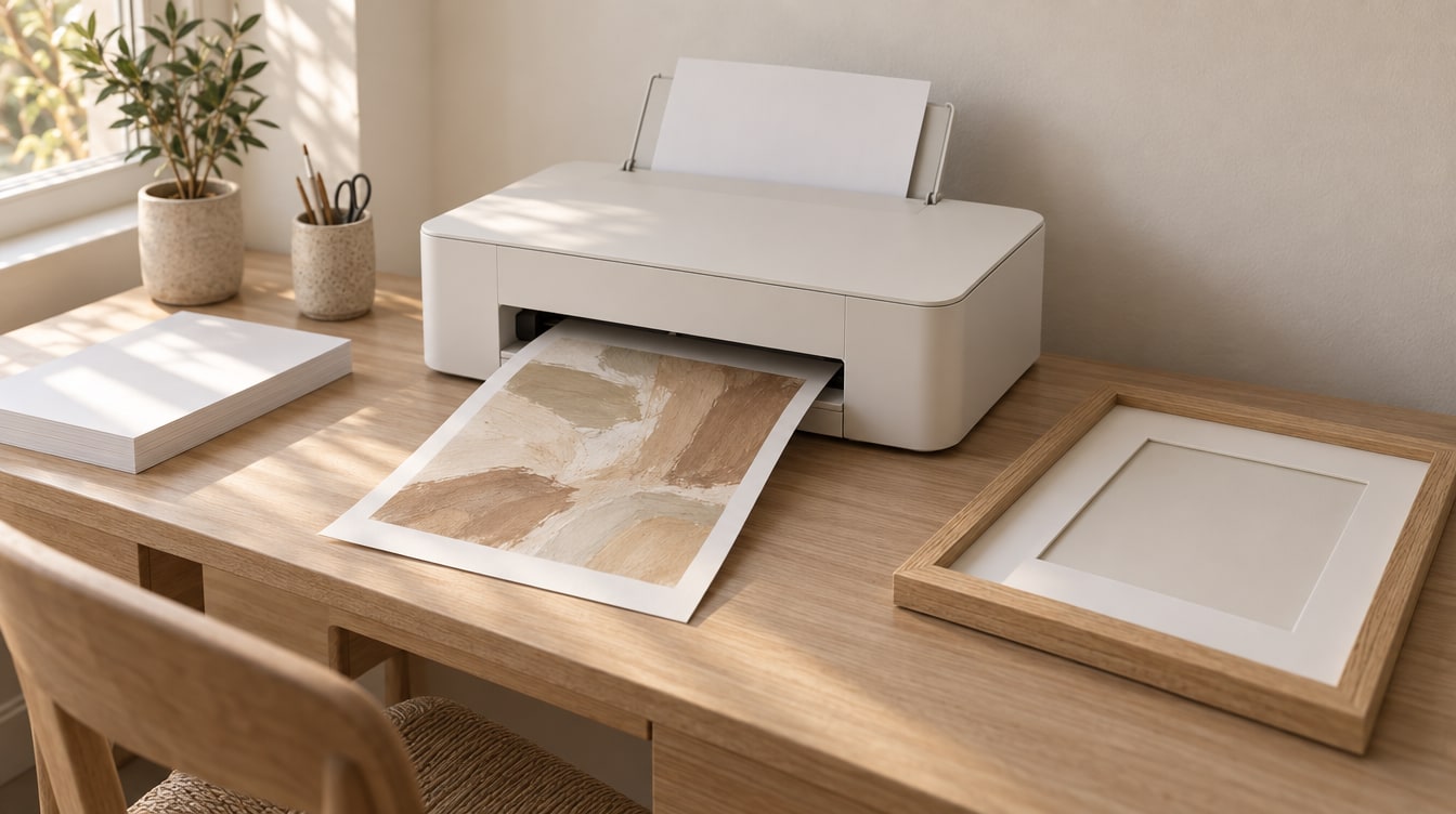 A desktop inkjet printer on a wooden desk printing a soft neutral abstract on matte paper, beside an empty oak frame.