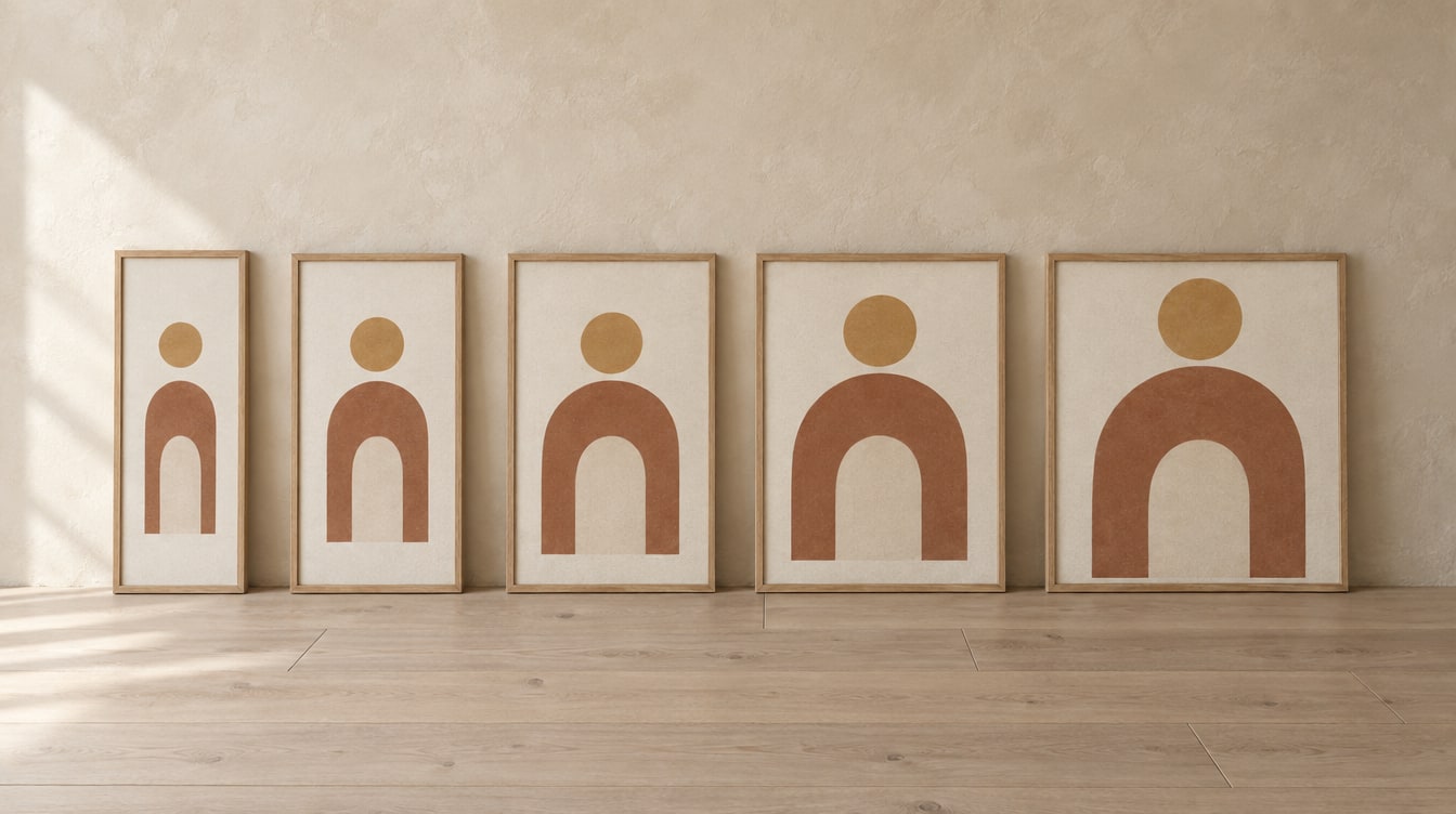 Five framed prints of the same height, each a little wider than the last, leaning against a warm plaster-coloured wall.
