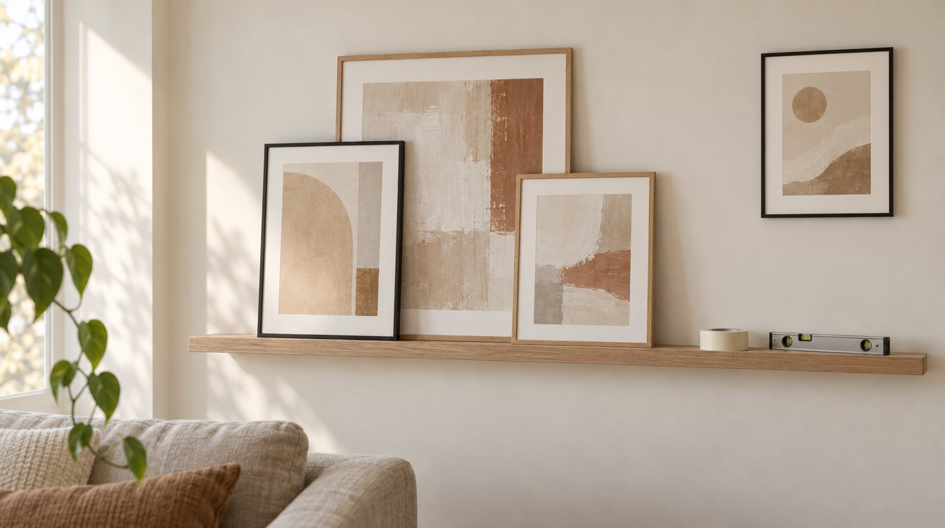 Framed neutral abstract prints leaning on a narrow picture ledge, one hung flush above, tape and a spirit level beside them