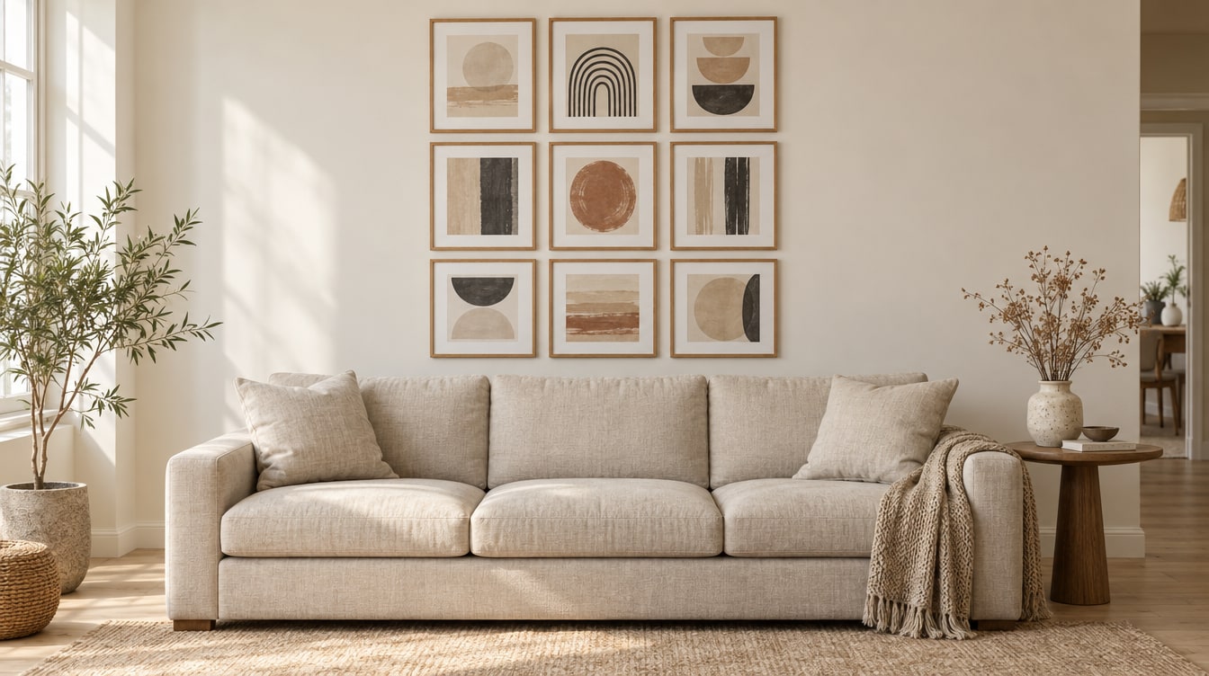 Nine matching thin-framed abstract prints hung in a three-by-three grid above a linen sofa in soft daylight.