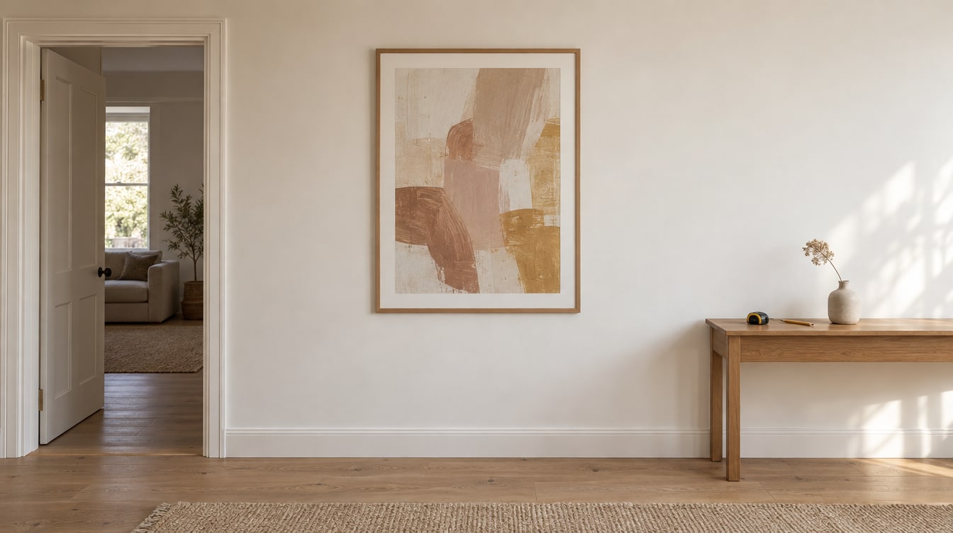 A large framed abstract print hung at eye level on a warm-white wall beside a doorway, with a tape measure on a console.